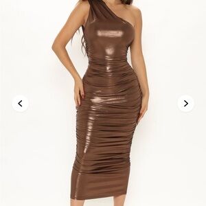 Fashion Nova Shimmering One-Shoulder Dress in Brown